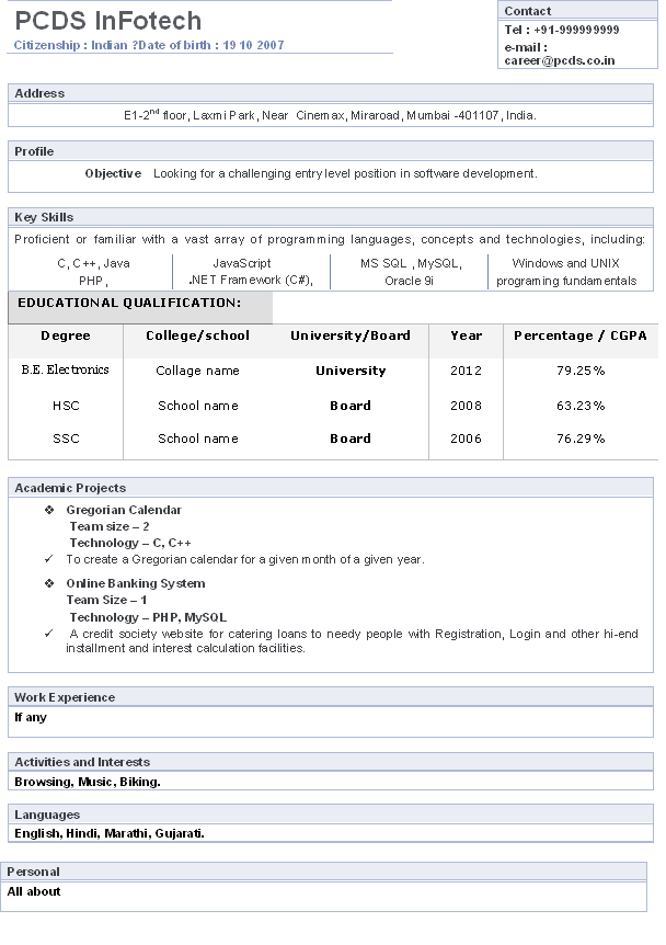 Entery level biodata resume format