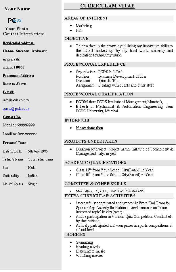HR marketing resume format